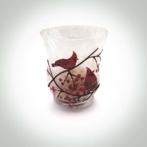 Cup-style candle holder decorated with cardinals